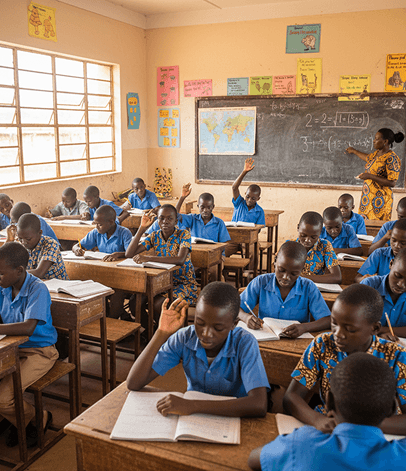 Students in a classroom in Nigeria wearing blue uniforms